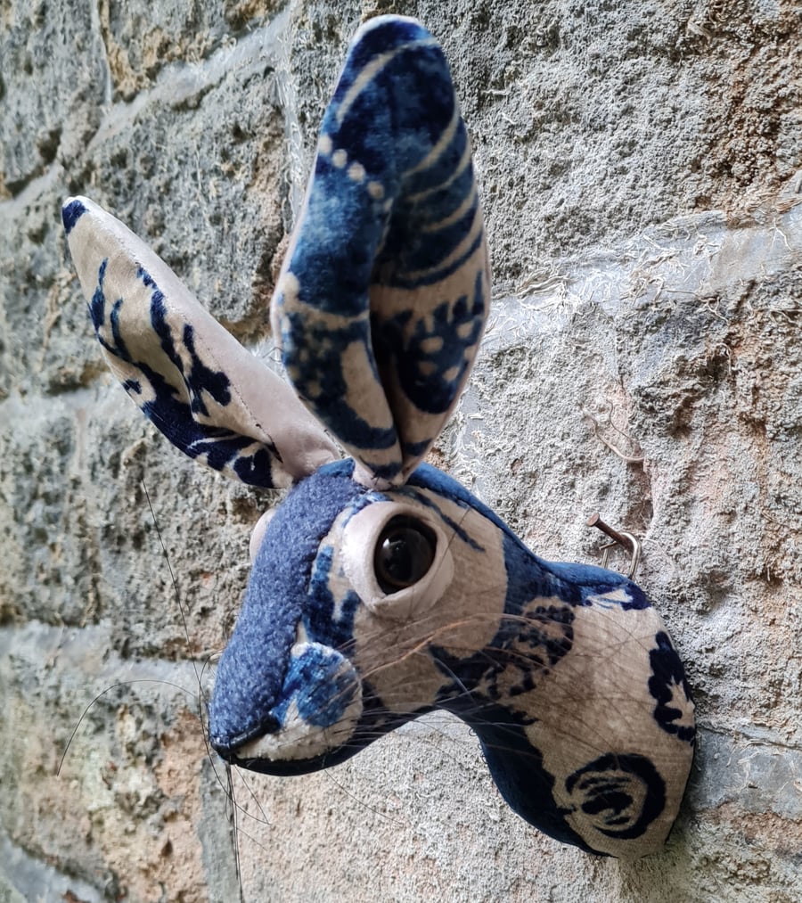 Faux hare head wall mount in blue and stone vintage upholstery velvet abric