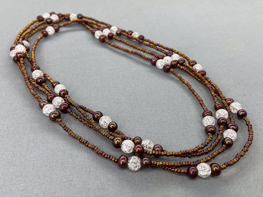 Extra Long Quartz Seed Bead & Brown Pearl Wraparound Bracelet Necklace 62 Inch