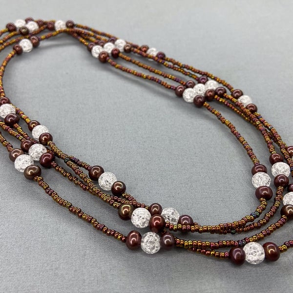 Extra Long Quartz Seed Bead & Brown Pearl Wraparound Bracelet Necklace 62 Inch