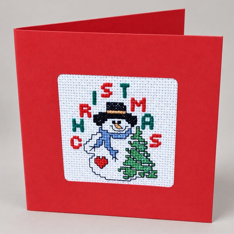 Handmade Cross Stitch Snowman & Christmas Tree Card – 5 x 5 Inch