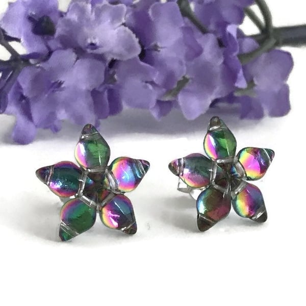 Green & Pink Flower Stud Earrings