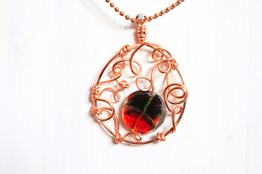 Red and green lampwork glass and swirls of copper fantasy pendant and chain