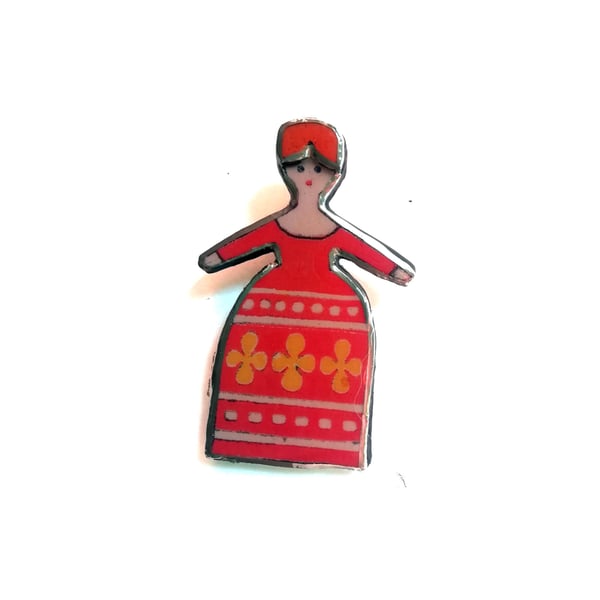 Folk dark coral or green Scandi Doll  resin Brooch by EllyMental Jewellery