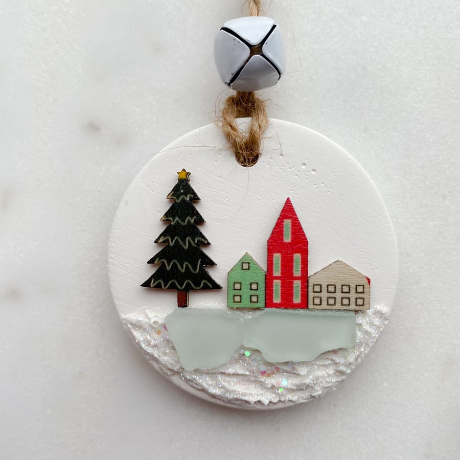 Ceramic Christmas tree decoration with Cornwall sea glass 