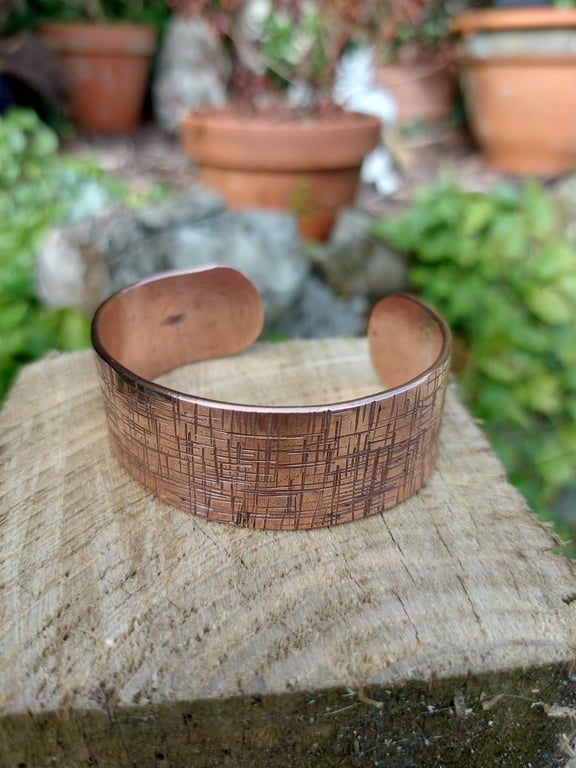 Chunky Fabric pattern open copper bangle  , cuff 