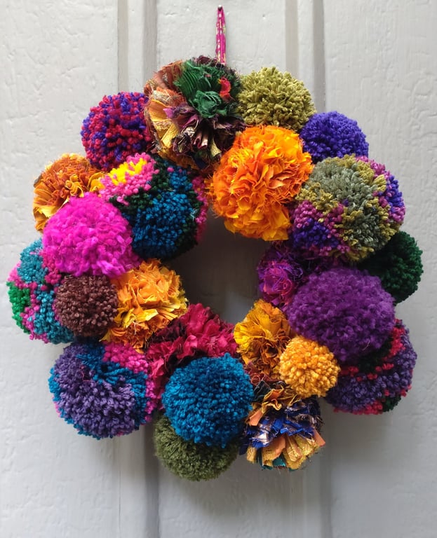 Wool and Sari Silk Pompom Wreath, Mixed Colours, Eclectic Bohemian Interiors.