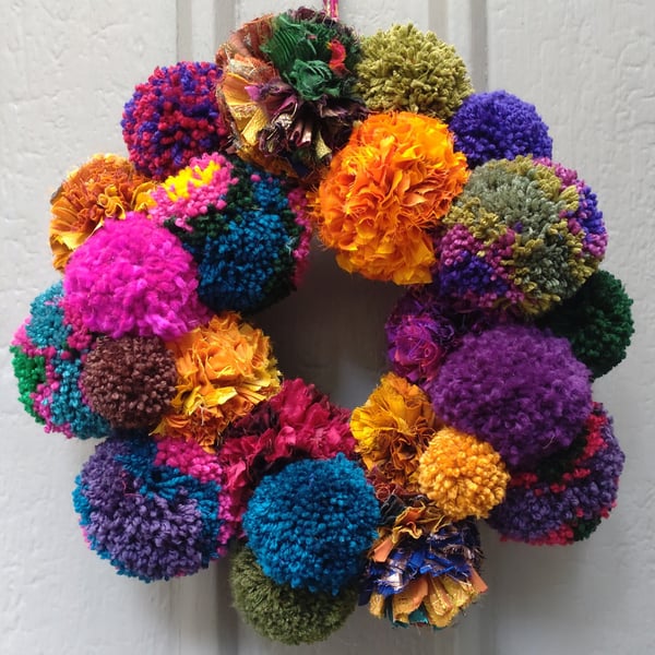 Wool and Sari Silk Pompom Wreath, Mixed Colours, Eclectic Bohemian Interiors.