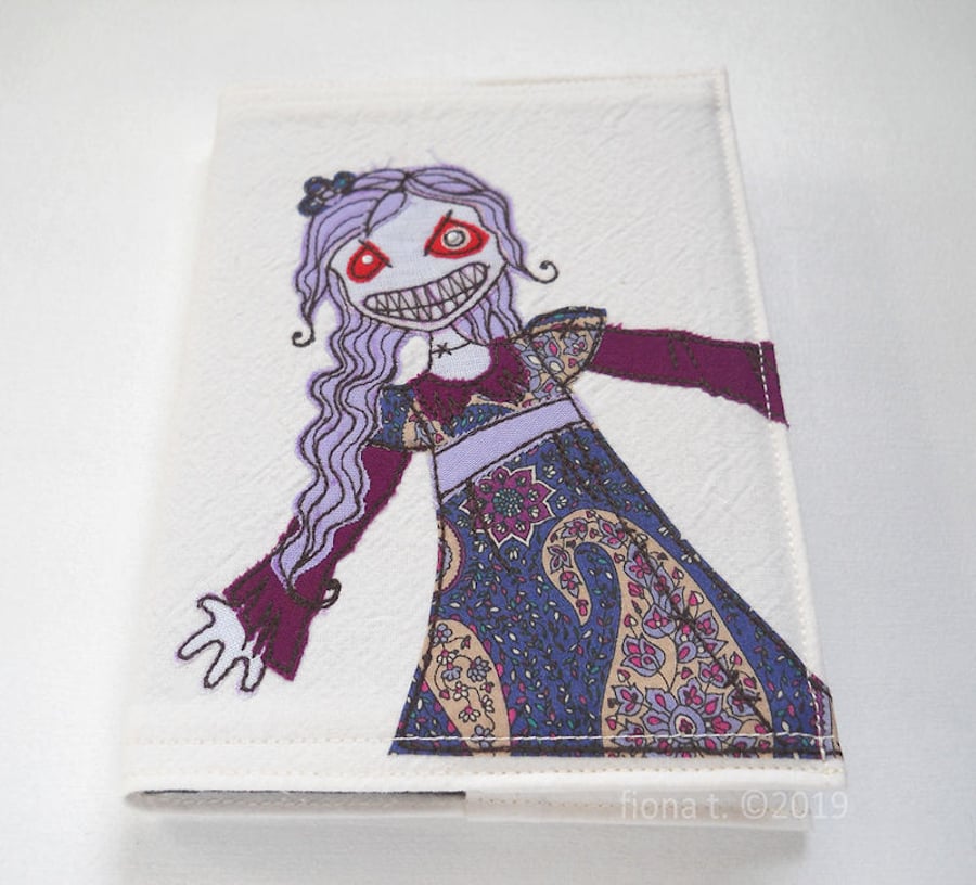 freehand embroidered zombie lady fabric notebook A6 purple