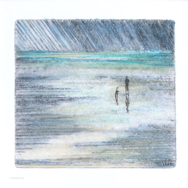 Walking the dog coastal original art  mixed media small scale art gift ready