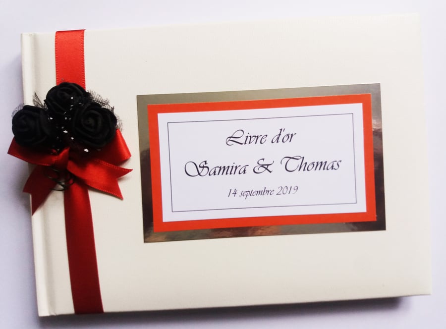 Wedding guest book with roses, red and white wedding guest book