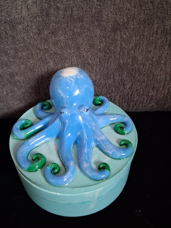 Handmade blue octopus epoxy resin decorative pot with lid.