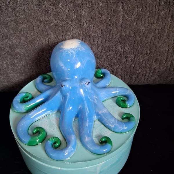 Handmade blue octopus epoxy resin decorative pot with lid.