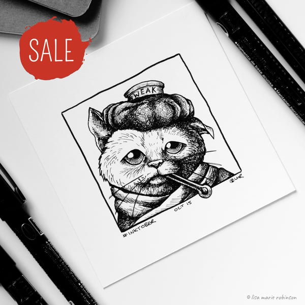 SALE - Weak Poorly Kitty Sad Cat - Day 15 Inktober 2018 - Mini Cat Drawing