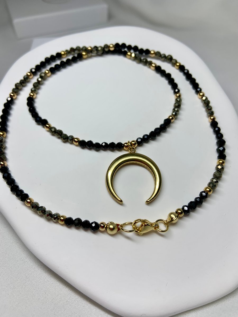 Handmade Black Tourmaline and Pyrite necklace, Gemstone Choker, 18k gold plated 