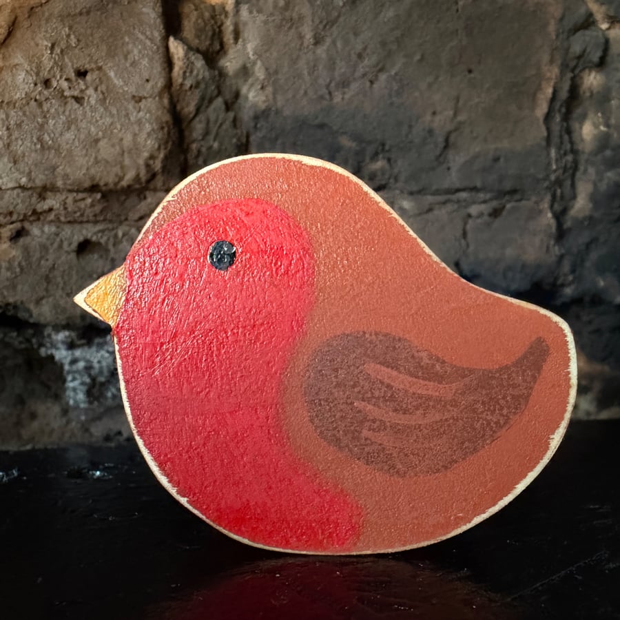 Handmade Robin Bird Ornament - Wooden Folk Art Bird