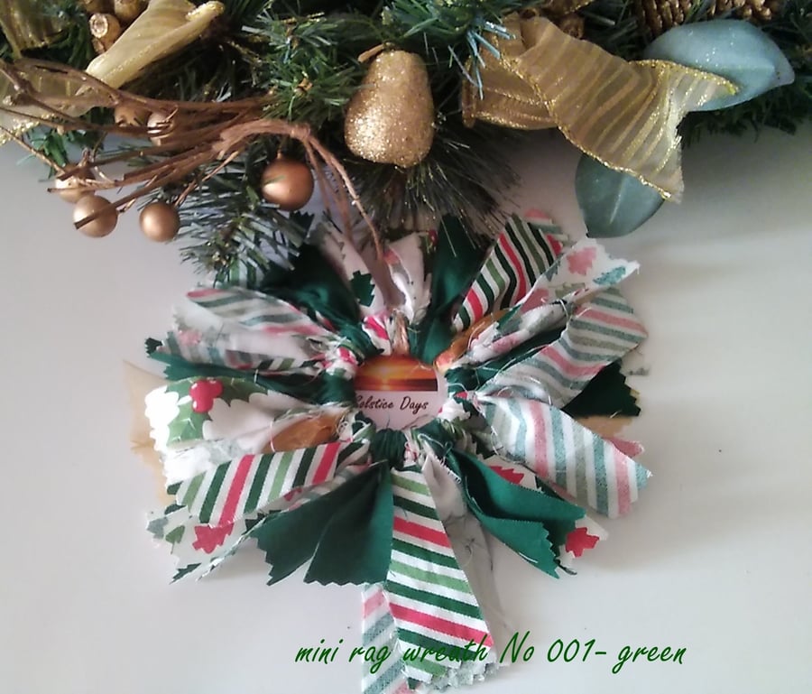 Red green mini rag wreath Christmas Decoration 
