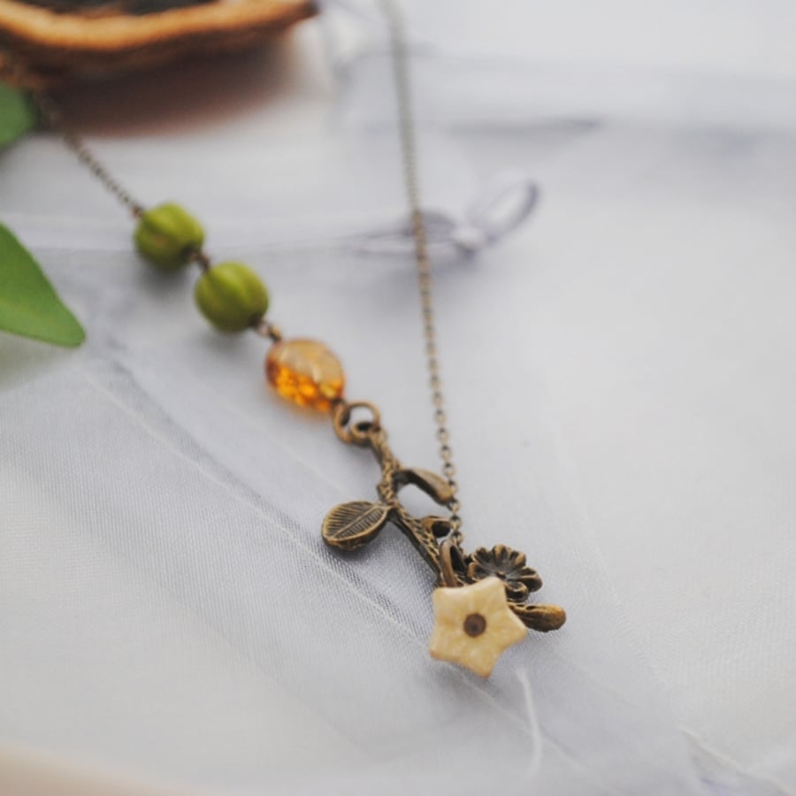 Flower, leaf & branch pendant necklace