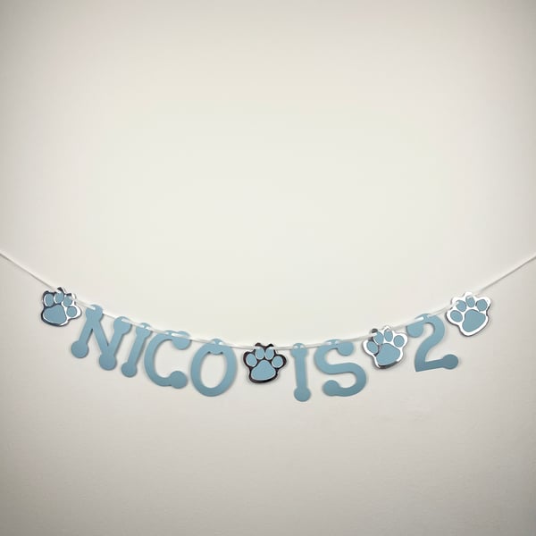 Dog Cat Custom Birthday Banner Party Bunting Blue & Silver