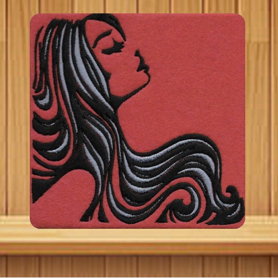 Handmade female profile greetings card embroidered design