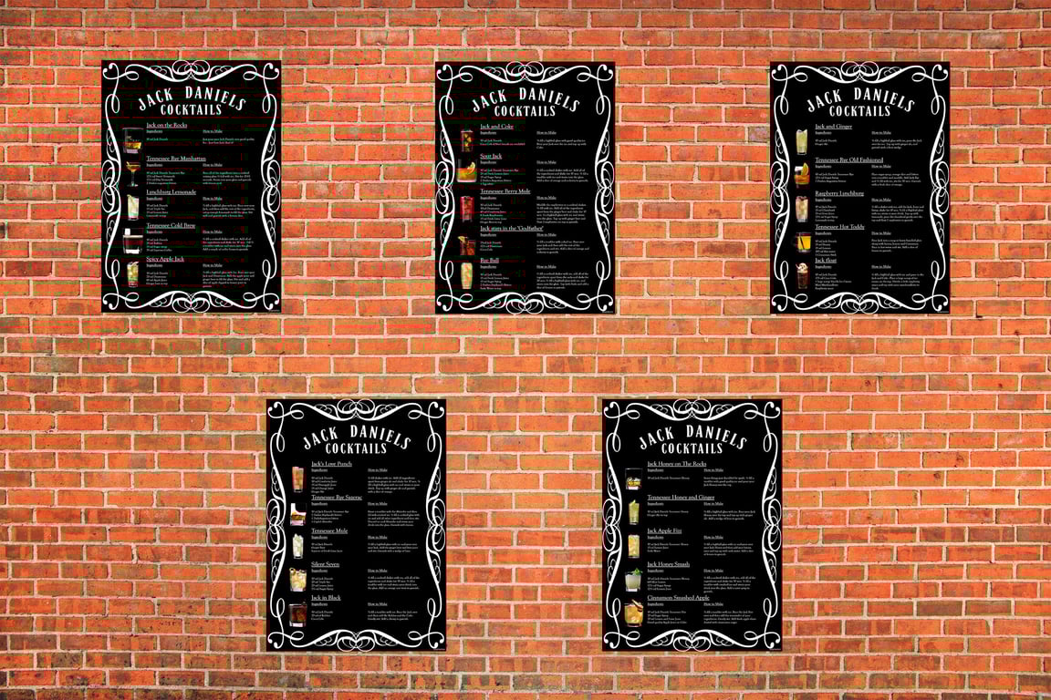 Set of 5 Unique Jack Daniels Cocktail Menu's printed on metal signs in a vintage