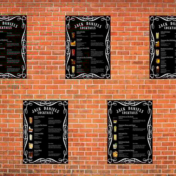 Set of 5 Unique Jack Daniels Cocktail Menu's printed on metal signs in a vintage