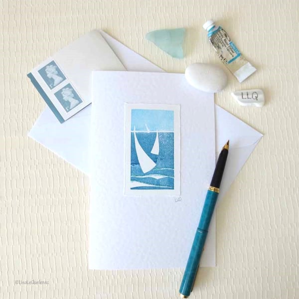 Set of three designs summer sailing handprinted card with glitter embellishments