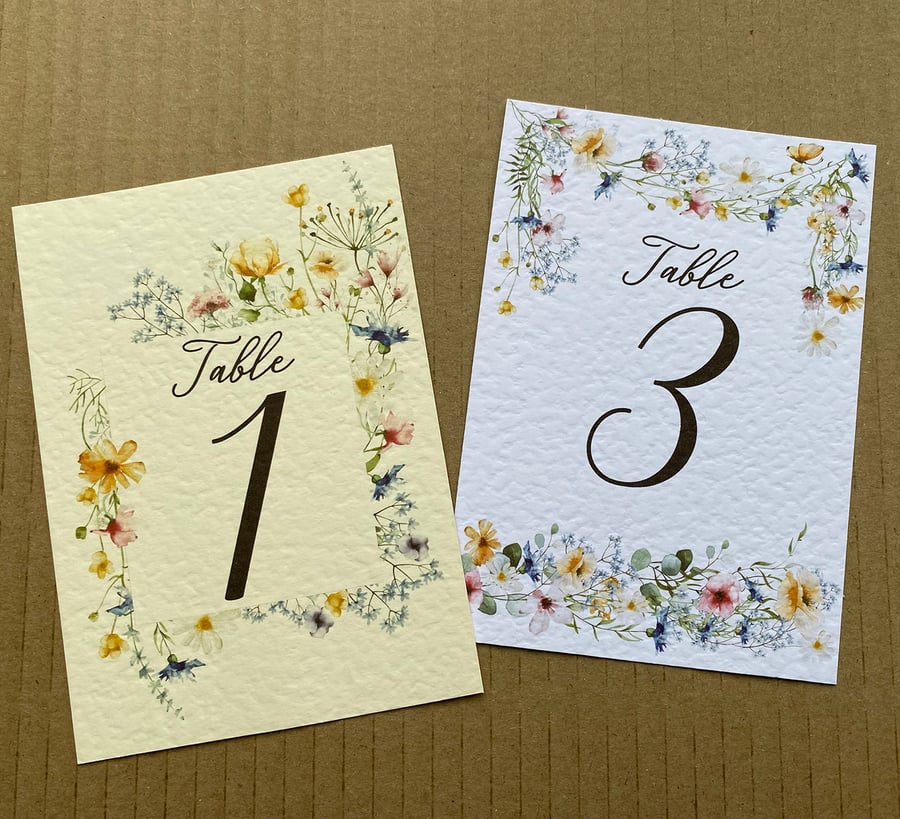 Wildflowers meadow TABLE NUMBERS foliage greenery rustic wedding A6 card
