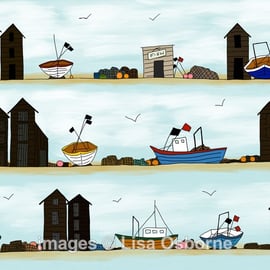 Fishing boats and huts. Signed print. Digital illustration. Coast. Sea