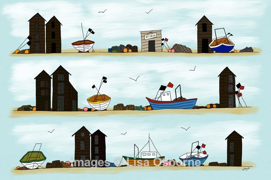 Fishing boats and huts. Signed print. Digital illustration. Coast. Sea