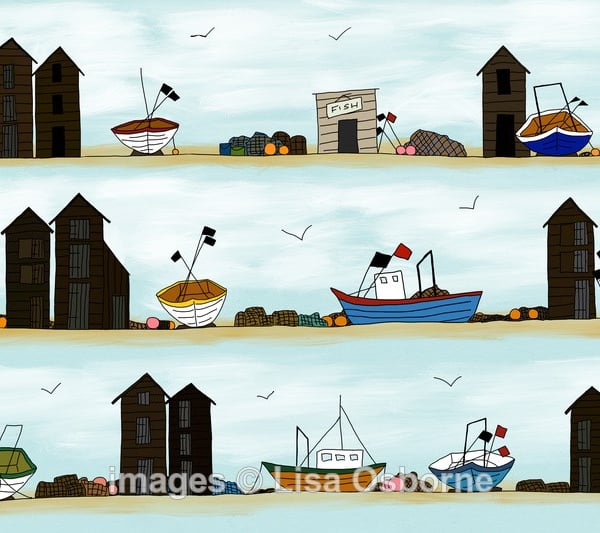 Fishing boats and huts. Signed print. Digital illustration. Coast. Sea