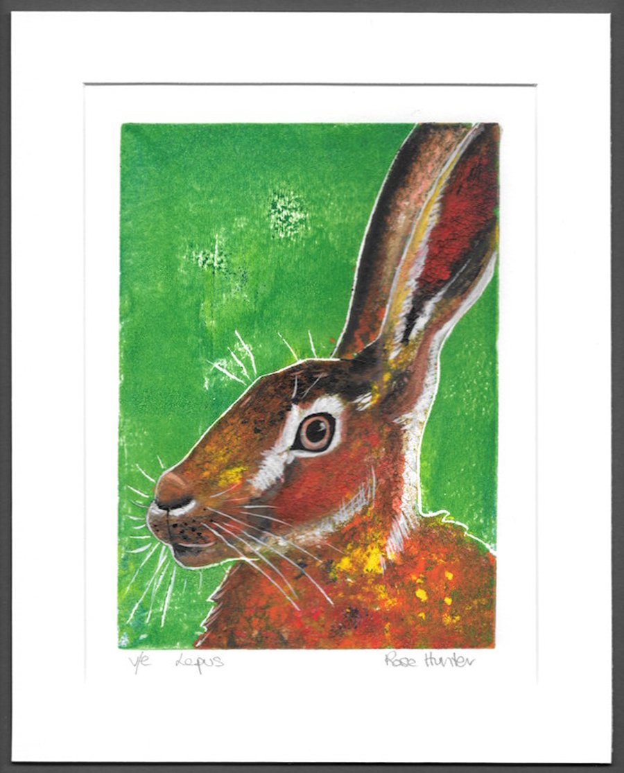 lepus - brown hare, hand painted original monoprint 006