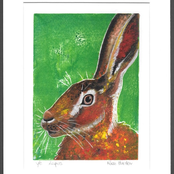 lepus - brown hare, hand painted original monoprint 006