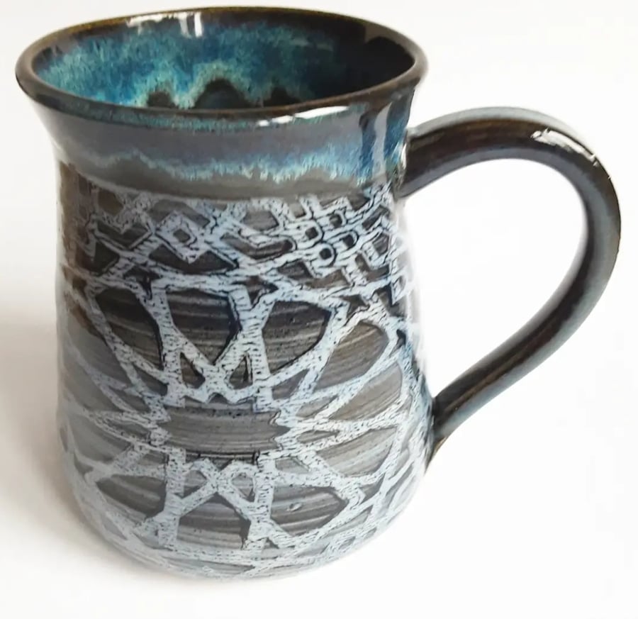 Large Mug Patterned Blue Glazed  - Hand Thrown Stoneware Ceramic Mug 