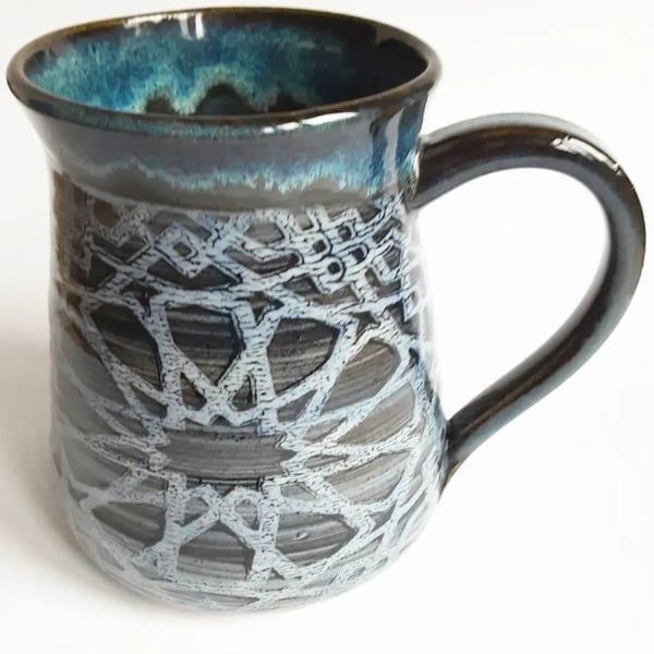 Large Mug Patterned Blue Glazed  - Hand Thrown Stoneware Ceramic Mug 