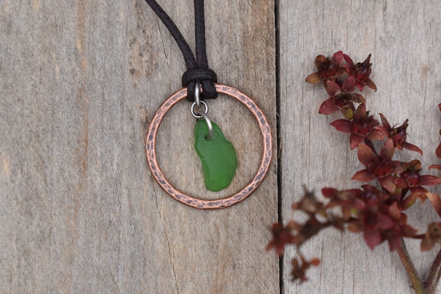 Green Sea Glass and Copper Adjustable Waxed Cotton Cord Necklace