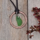 Green Sea Glass and Copper Adjustable Waxed Cotton Cord Necklace