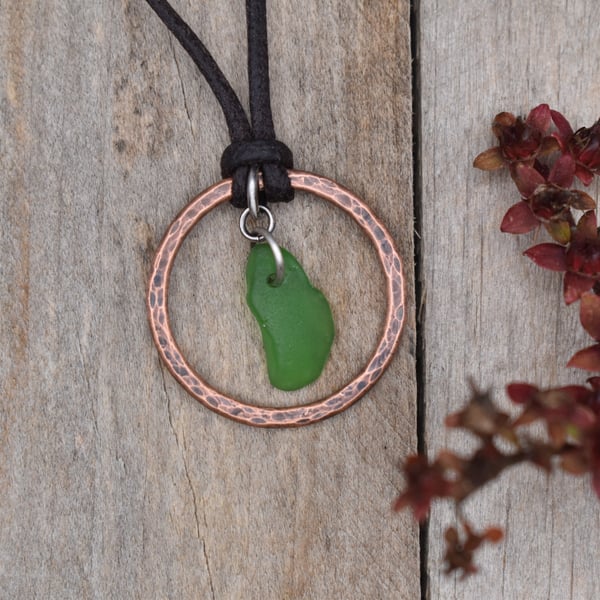 Green Sea Glass and Copper Adjustable Waxed Cotton Cord Necklace