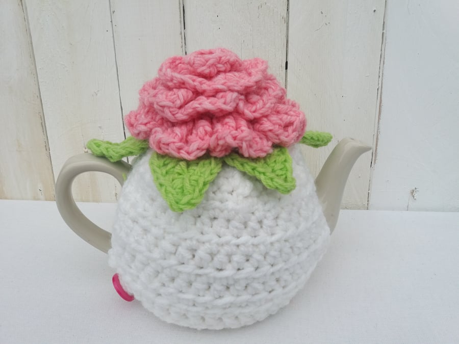 Retro knitted Crochet handmade tea cosy with large flower