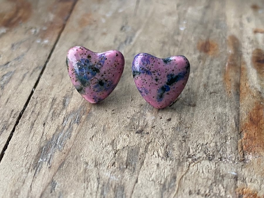 Earrings  Handmade ceramic Heart studs on Sterling Silver