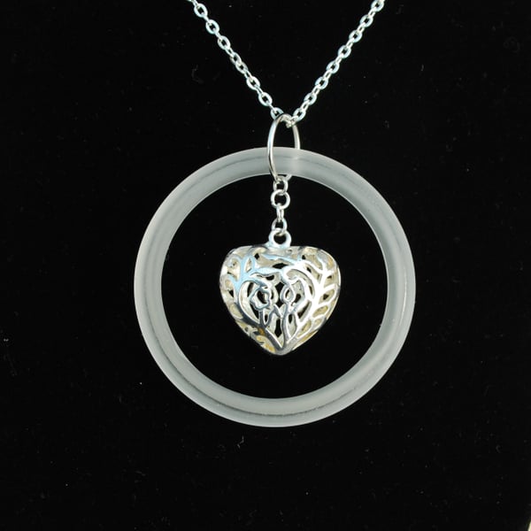 Fabulous large glass ring pendant with filigree heart