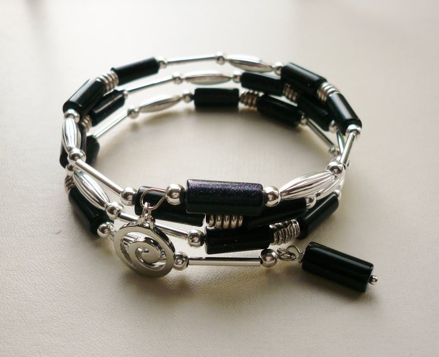 Blue Goldstone and Silver Tube Bead Memory Wire Wrap  Cuff Bracelet   KCJ1085
