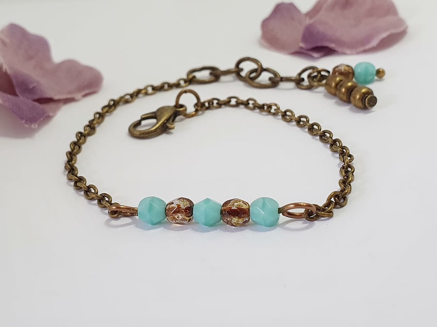Dainty turquoise blue and bronze Czech glass boho bead bracelet 