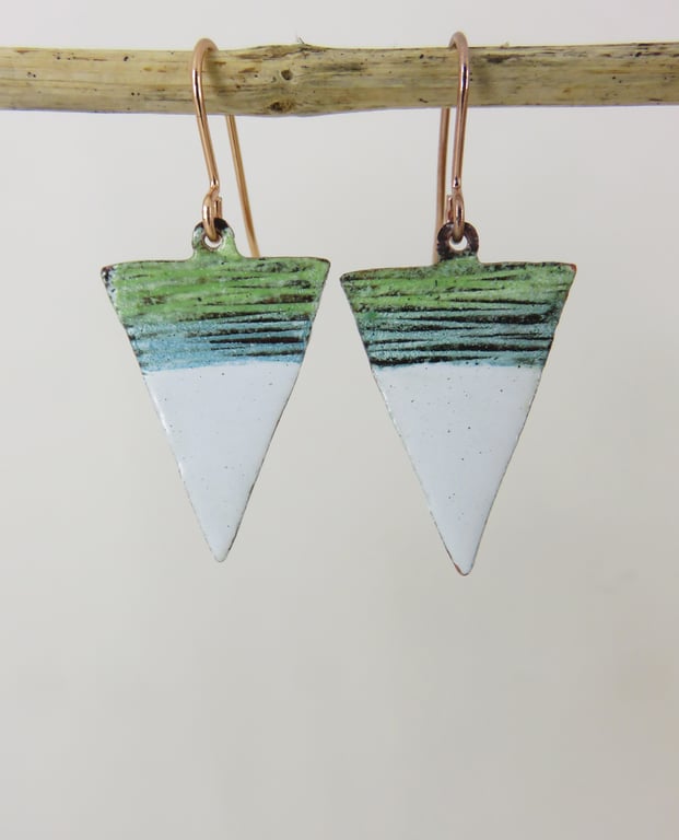 Triangle Enamel Earrings in Blue, Green and White Enamel on Textured Copper
