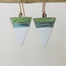Triangle Enamel Earrings in Blue, Green and White Enamel on Textured Copper