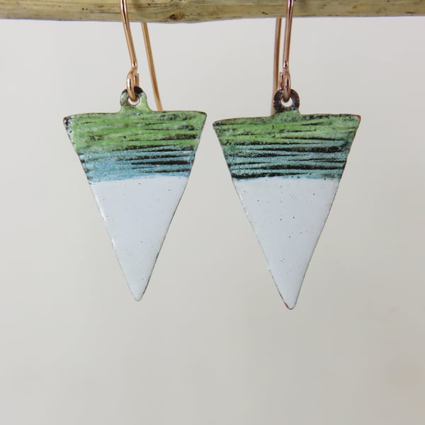 Triangle Enamel Earrings in Blue, Green and White Enamel on Textured Copper
