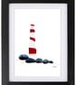 Red & White Lighthouse Pebble Art Sea Glass Picture - Framed Handmade 