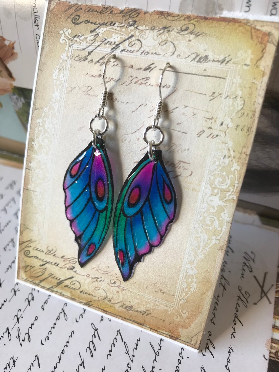Blue Purple Red and Green Fairy wing Earrings Sterling Silver Hooks