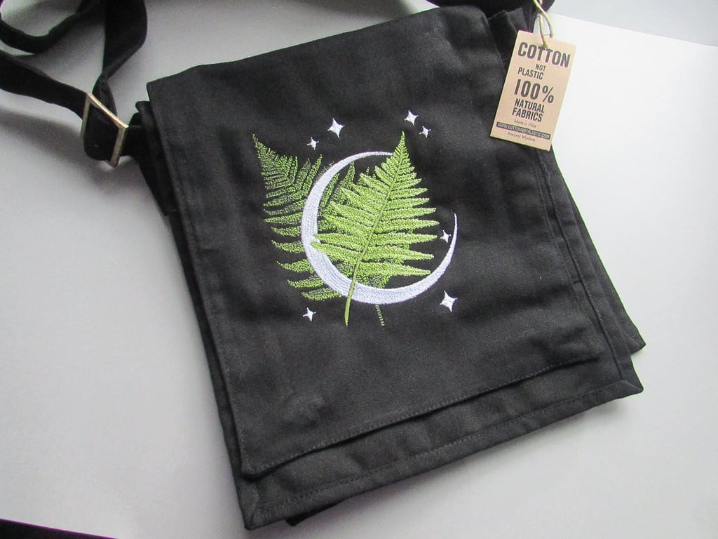 Embroidered Moon with Ferns Design Eco Cotton Canvas Bag