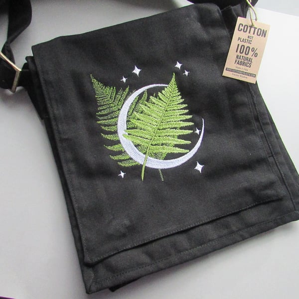 Embroidered Moon with Ferns Design Eco Cotton Canvas Bag