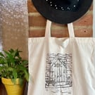 Hand printed reusable tote bag, Witches Door design